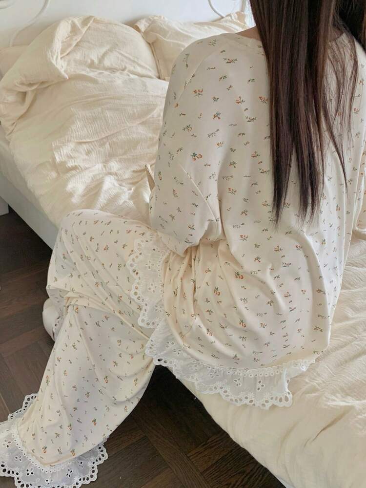 Dazy Plus Plus Size Comfortable Small Floral Print Long Sleeve Top And Pants Pajama Set, Spring