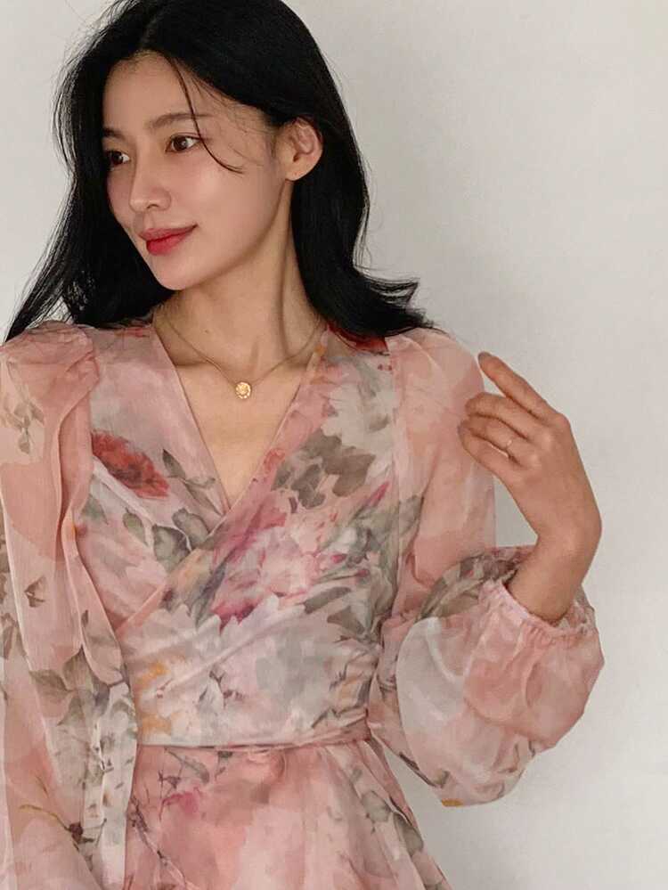 Women's V-Neck Pink Solid Print Short Dress Sundress Boho