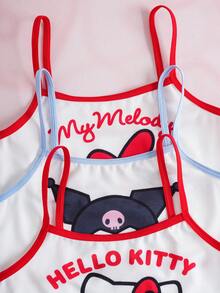 HELLO KITTY AND FRIENDS | SHEIN 女童撞色滚边细肩带休闲无袖可爱印花吊带衫 - 白色 - 查看 8