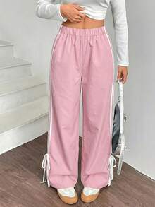 SHEIN EZwear 女士黑色侧边撞色白色织带松紧腰裤 粉色裤子 女士休闲裤 运动裤 抽绳裤 宽松裤 粉色运动裤 阔腿裤 粉色女裤 女士夏季裤 阔腿运动裤 女士运动裤 女士休闲阔腿裤 女士高腰裤 - 粉色 - 查看 3