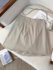 EMERY ROSE Falda de mujer de rayas de espiga con diseño fruncido asimétrico, elegante, para vacaciones, casual, de oficina, de moda, de cita, estilo francés retro y versátil, en color caqui, para primavera/verano - Caqui - Ver 2