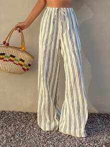 DAZY Women's Casual Striped Drawstring Waist Pants - Black and White - View 2