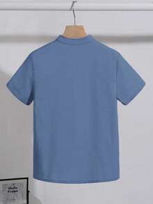 SHEIN Tween Boy Casual Loose Comfortable Contrast Color Button-Down Short Sleeve Shirt - Dusty Blue - View 2