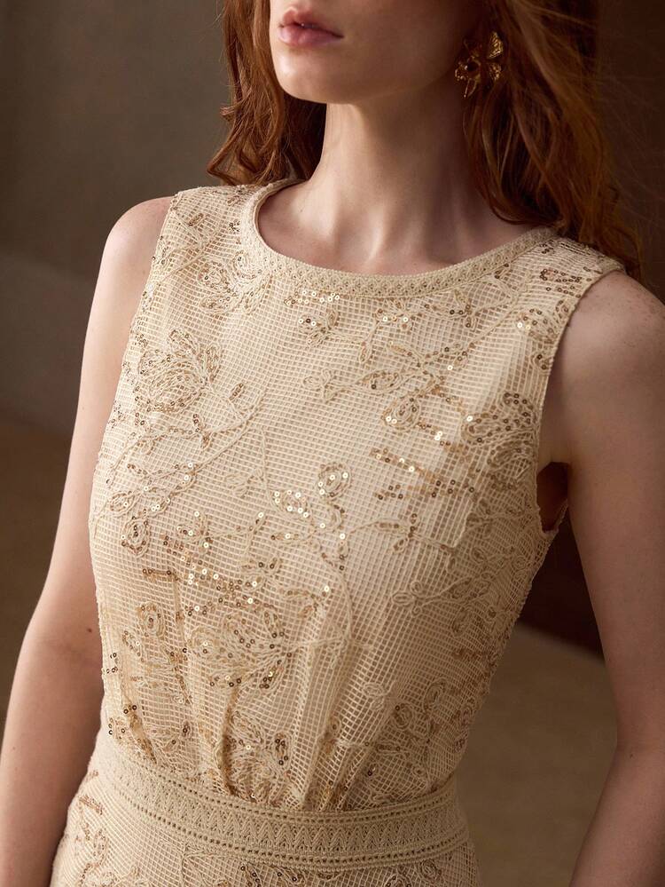 ELEGANT CONTRAST SEQUIN SLEEVELESS MIDI DRESS