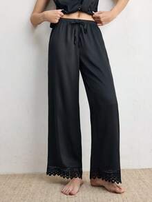 Ocili Women's Contrast Lace Single-Breasted Top And Pants Pajama Set - Black - View 7