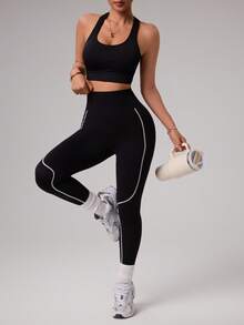 Seamluxe SHEIN Sport 女士无缝黑色白条纹裤 - 黑色 - 查看 6