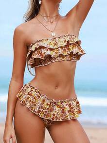Swim Mod Women's Allover Print Bandeau Bikini Set, Low Waist Ruffle Skorts, Casual Vacation Swimwear - Brown - View 4