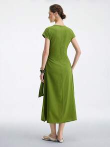 Aalyst Women's Summer Casual Vacation Style Cutout Neck Twist Waist Dress - Green - View 2