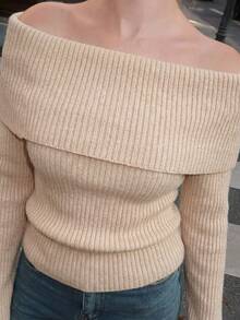 Turnttoni Y2K 秋冬女款法兰绒露肩毛衣 - 杏色 - 查看 3