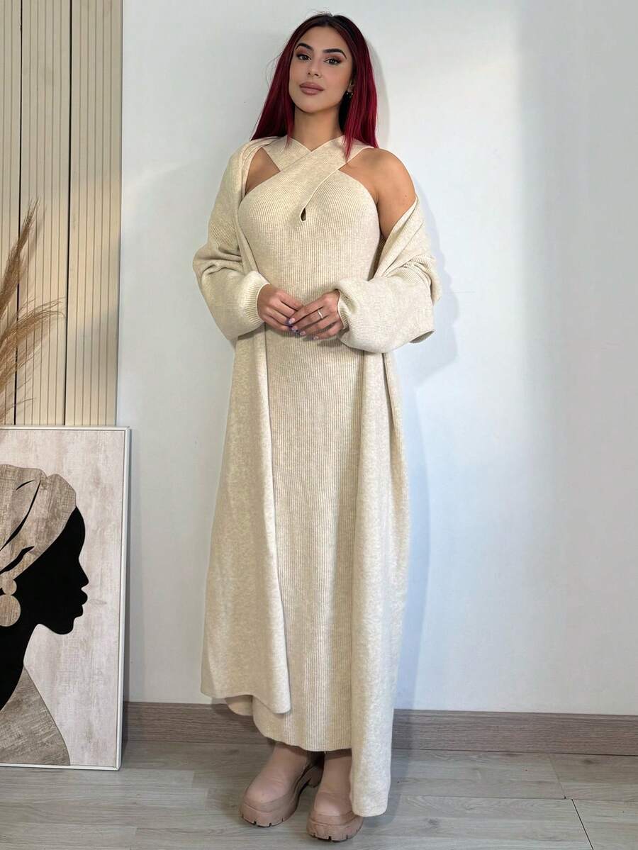 Bearsaez Elegant Solid Color Cross Neck Minimalist Niche Design Casual Knit Set, Bodycon Halter Neck Dress, Solid Color Long Minimalist Vintage Style Cardigan, Suitable For Commuting And Outings, Christmas - Apricot - View 1