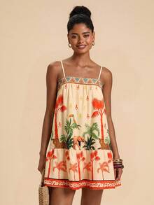 Travachic Vestido corto de tirantes plisado con estampado de loro y elefante para uso casual, vacaciones y uso diario de mujer - Multicolor - Ver 3