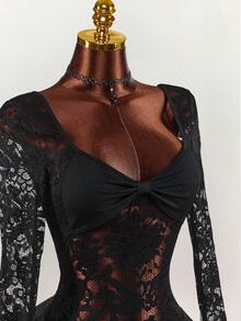 Amplova 女士时尚性感透视蕾丝露背迷你连衣裙 - 黑色 - 查看 2