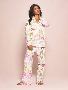 MISSGUIDED Women's Ribbon And Bow Print Button Up Long Sleeve Pajama Set With Matching Straight Leg Pants For Sleepwear - Multicolor - View 3