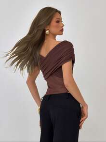 Aloruh Áo liền thân tay ngắn trễ vai màu cà phê, thanh lịch cho kỳ nghỉ và đi làm, áo liền thân màu trơn - Cà phê nâu - Xem 3