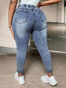 SHEIN ICON Plus Size Distressed Drawstring Waist Casual Slim Fit Summer Denim Jeans - Light Wash - View 2