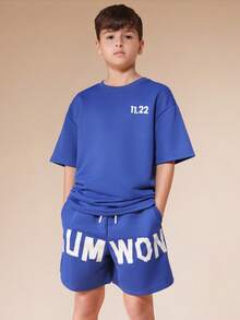 SUMWON Boys Oversized Royal Blue T-Shirt And Matching Shorts Co-Ord Set With White Number Print And Text Graphics - Blue - View 3