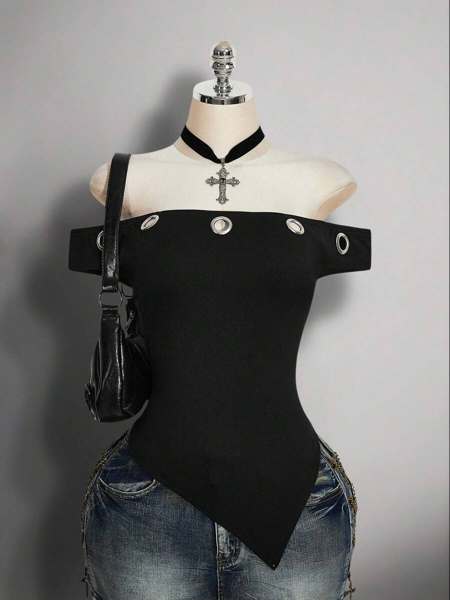 SHEIN ICON Plus Size Off-Shoulder Metal Grommet Decor Knit Short Sleeve Top, Autumn Y2K Retro Fashion Knit Blouse - Black - View 1
