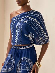 Zivah 2026 Women's Vacation Casual Beach Sheer Chiffon Special Underwater Animal Print Kaftan - Blue - View 3