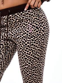 BABYPHAT Quần nỉ nhung in họa tiết báo đốm, cạp cao, ống rộng kiểu Palazzo, quần thường ngày có dây rút ở eo, họa tiết da báo màu nâu, thoải mái cho mùa thu đông. - màu nâu - Xem 7