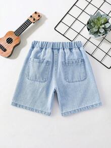 幼儿男童休闲水洗浅蓝色牛仔短裤，简约百搭 - 藍色 - 查看 2