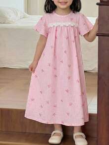 SHEIN 少女碎花蕾丝边编织夏季休闲连衣裙 - 粉色 - 查看 1