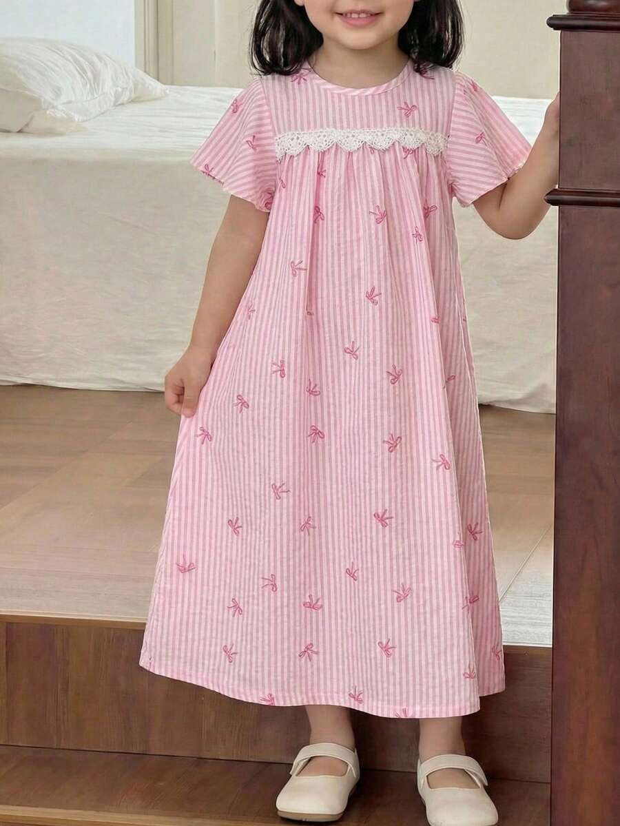 SHEIN 少女碎花蕾丝边编织夏季休闲连衣裙 - 粉色 - 查看 1