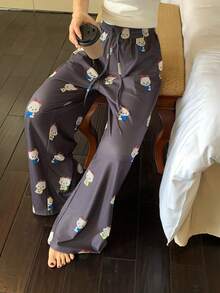 DAZY Cartoon Bear All-Over Print Loose Women's Pajama Bottoms - Black - View 3