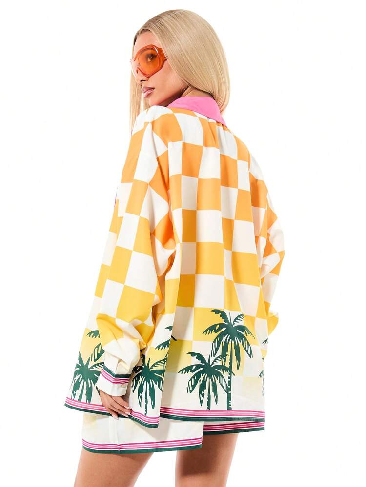 SUMWON WOMEN Checkered Beach Shirt With Tropical Print