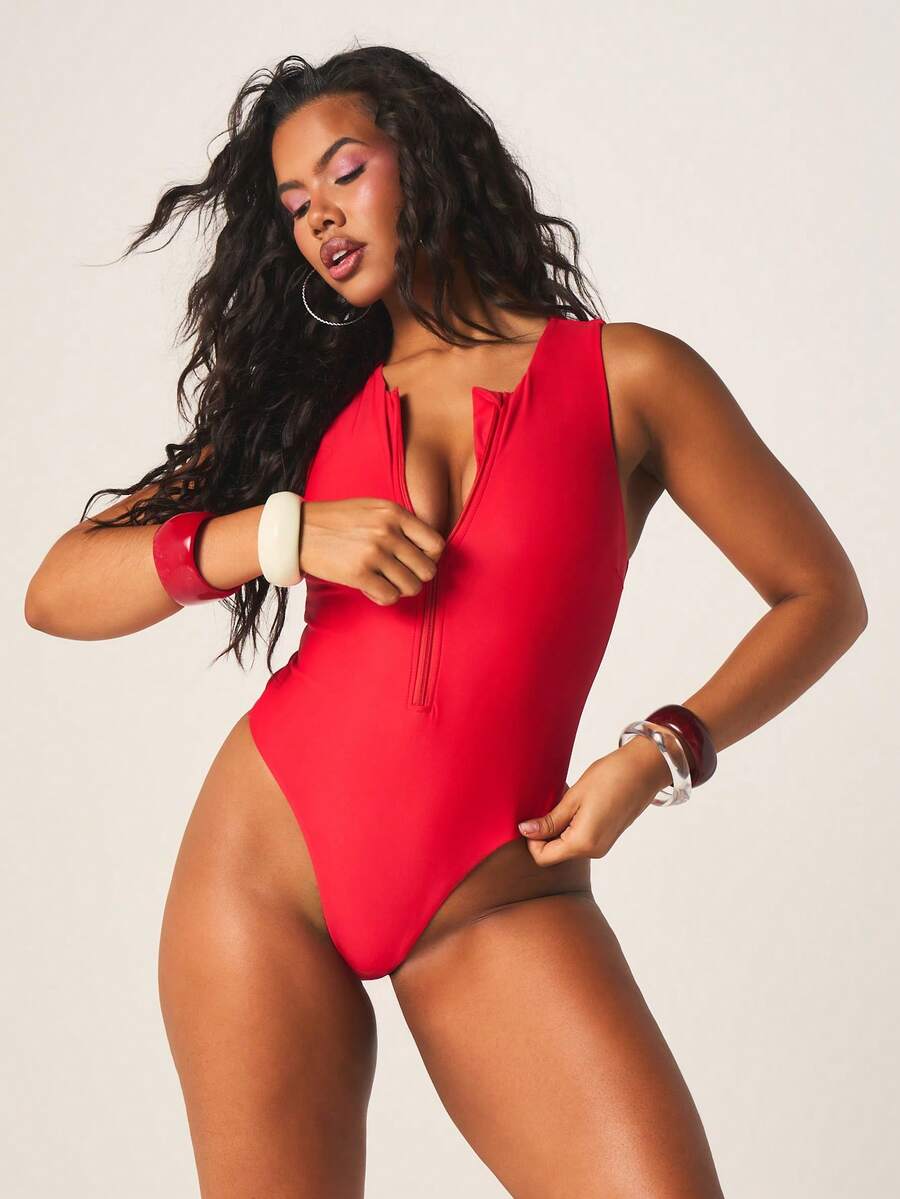 MISSGUIDED Women's Plunge Neckline Zip Front One Piece Swimsuit Red High Cut Leg Summer Beach Vacation Pool Party Swimwear - Red - View 1