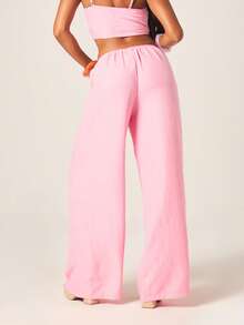 MISSGUIDED Women's High Waisted Wide Leg Linen Feel Palazzo Trousers Pink Drawstring Summer Vacation Beach Casual Pants Flowy Relaxed Fit Bottoms - Pink - View 3