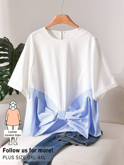 CosyJoli Plus Size Women's Colorblock Patchwork Blouse, Bow Tie Shirt, Casual Women Clothing