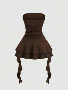 Sweetra 新款优雅通勤休闲荷叶边下摆无肩带显腰身浪漫喇叭裙摆度假约会派对迷你连衣裙，春夏款 - 棕色 - 查看 2