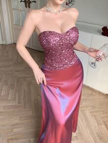 DAZY 女士优雅亮片抹胸上衣和半裙两件套，夏季 - 紫色 - 查看 3