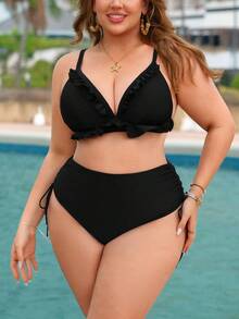 Swim Lushoire Plus Size Women's Solid Color Side Drawstring Bikini Bottom - Black - View 3