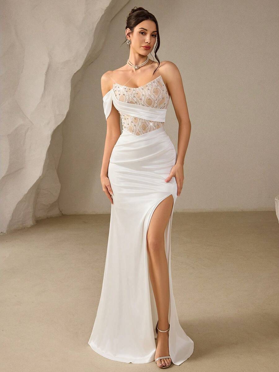 Coutiva Women's Elegant Fitted Pleated Formal Evening Gown (Heavily Embellished) - White - View 1