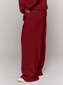 MUSERA 加大码直筒贴片Logo运动裤，秋季休闲日常基础款，舒适情人节款 - 酒紅色 - 查看 3