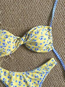 Swim Mod Bộ bikini hai mảnh họa tiết hoa nhiệt đới dành cho nữ, kiểu cổ yếm, buộc dây bên hông, thiết kế xoắn phía trước, thích hợp cho kỳ nghỉ biển, tiệc tùng. - Nhiều màu - Xem 4