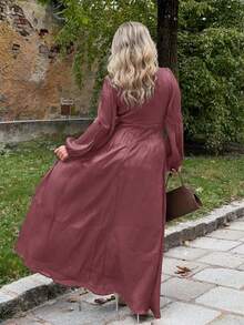 Jeta Ari 女士长裙，圆领，腰部褶饰，泡泡袖，长袖，橄榄绿，光泽，优雅百搭的连衣裙 - Red Plum - 查看 2