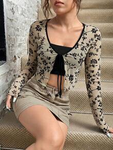 SHEIN EZwear 春夏新款针织网眼女式休闲植绒印花开衫上衣牛仔上衣女式上衣性感系带上衣长袖露脐上衣女式露脐上衣印花露脐上衣流行女式上衣蝴蝶结上衣女式性感上衣印花上衣夏季女式薄纱印花上衣女式休闲上衣女式长袖露脐上衣 - 杏色 - 查看 5