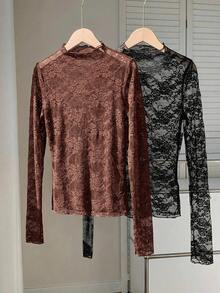 Comfortcana 2 piezas Blusas casuales y versátiles de manga larga con cuello alto y parches de encaje para mujeres - Multicolor - Ver 6