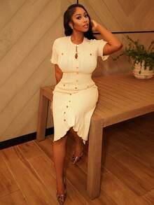 Chea Andrea Elegant Solid Color Knitted Heavy Perforated Twist Rope Aran Cable Knit Long Sleeve Ruffle Hem Buttoned Pleated Fishtail Dress, Suitable For Autumn, Winter, Formal, Party, Elegant, Leisure, Work, Graduation, Wedding - Apricot - View 4