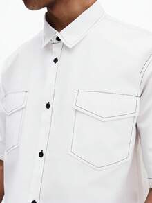 SUMWON Men's White Short Sleeve Button Up Shirt With Contrast Black Stitching Chest Pockets Collared Regular Fit Summer Casual Top - White - View 2