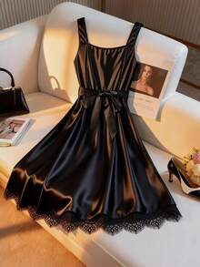 GlowEve CURVE Elegant Satin Button Waist Belt Contrast Lace Plus Size Dress For Women - Black - View 2