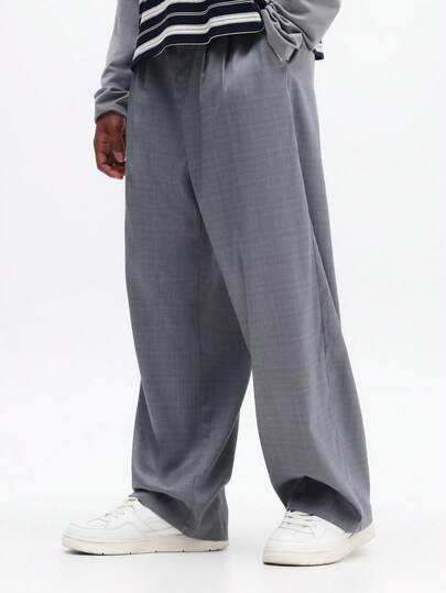 SUMWON Men's Wide Leg Grey Dress Pants With Classic Button Waist Pleated Front Professional Business Formal Trousers