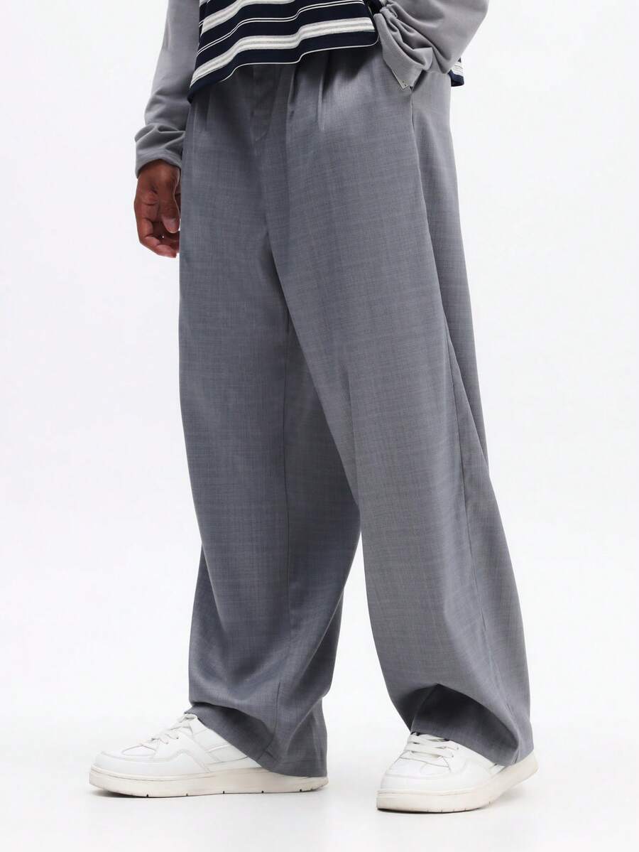 SUMWON Men's Wide Leg Grey Dress Pants With Classic Button Waist Pleated Front Professional Business Formal Trousers, Baggy Suit Pants, Oversize Pants - Grey - View 1