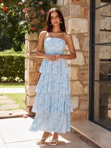 KARISMINA 女士浪漫度假长裙，提花面料无肩带连衣裙，蓝色 - 淺藍色 - 查看 4