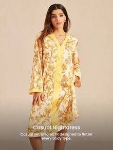LUVLETTE Luxury Lounge Dress Yellow & Gold Floral Kimono Dress - Satin Sleepwear With Contrast Tie Waist Pyjama - Yellow - View 7