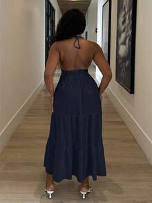 Alexandranx 女士贝壳边饰系带露腰吊带中长连衣裙派对 - 藏蓝色 - 查看 2