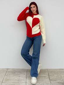 Bearsaez Women's Valentine's Day Colorblock Heart Pattern Sweater Knit Pullover Fall Winter - Red - View 3