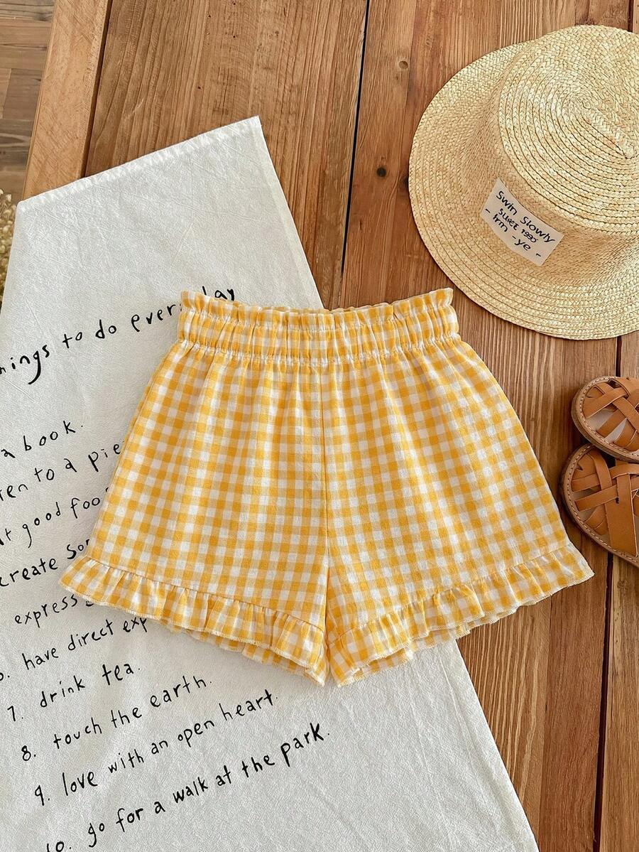 LMoss Kids Babygirl Cute Plaid Elastic Waist Shorts, Summer - Yellow - View 1